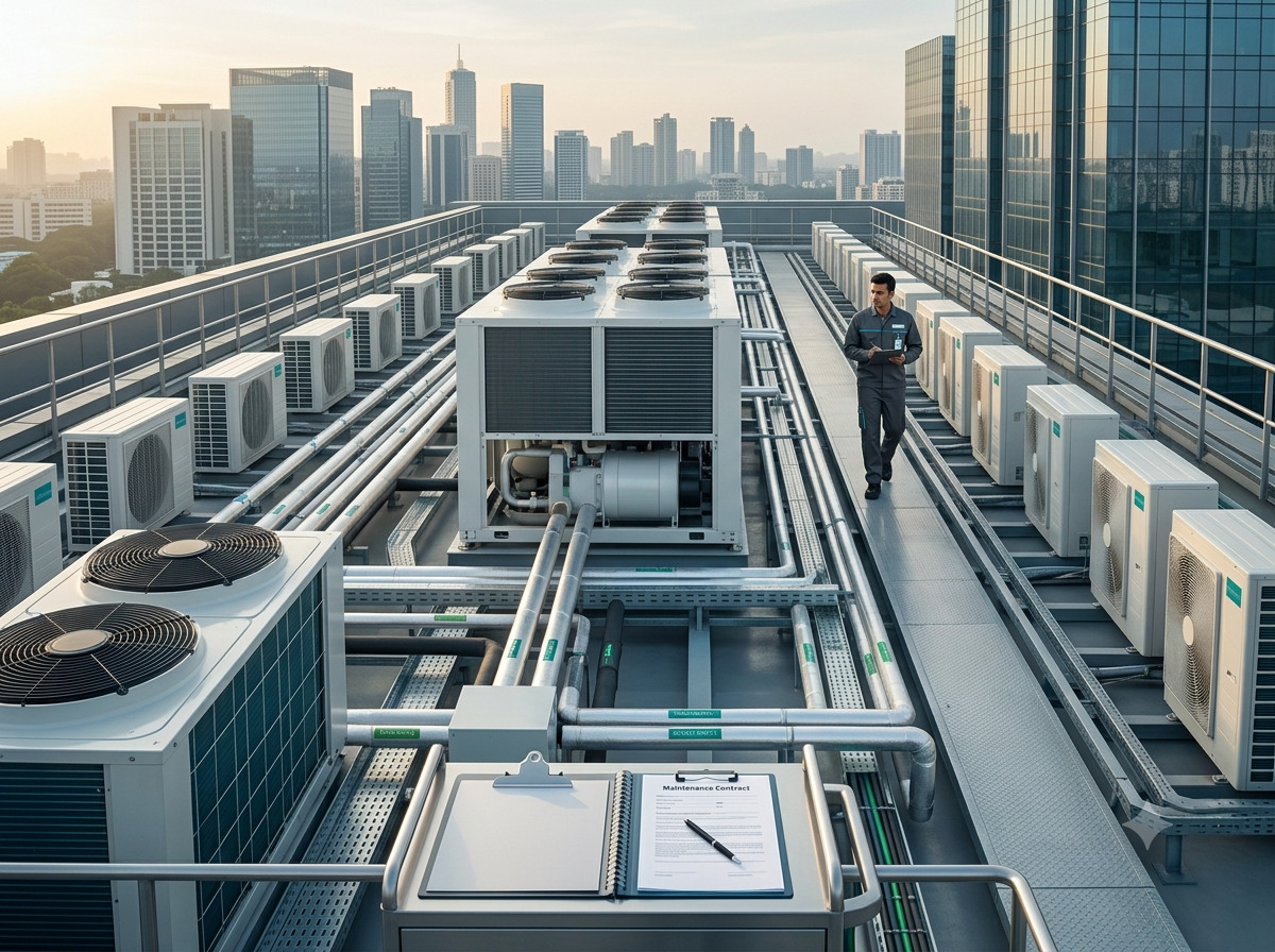 A technician inspecting a rooftop bank of VRF condenser units under a maintenance contract