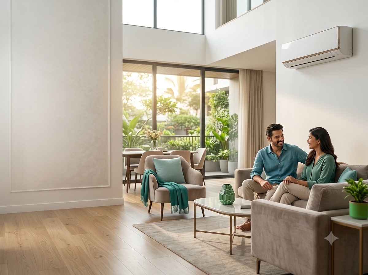 A couple relaxing in a cool, comfortable living room with a wall-mounted air conditioner